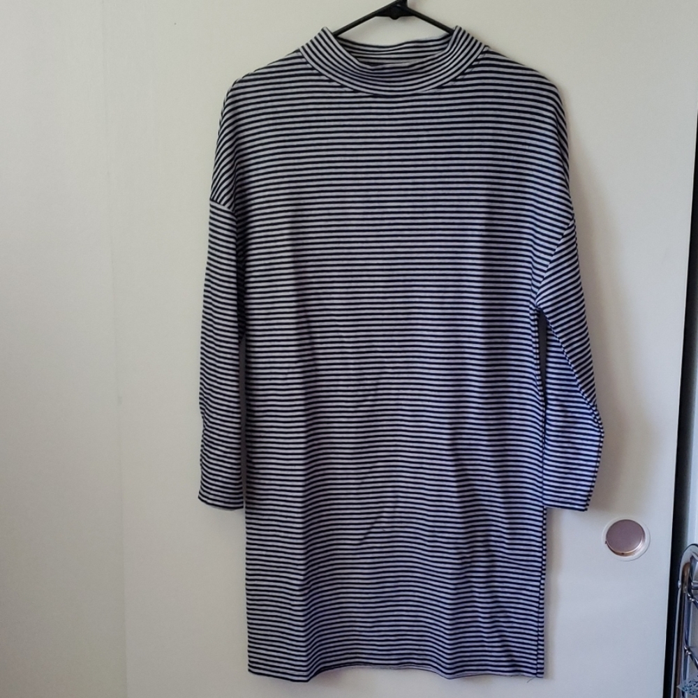 ZARA Blue & Gray Striped Funnel Neck Dress